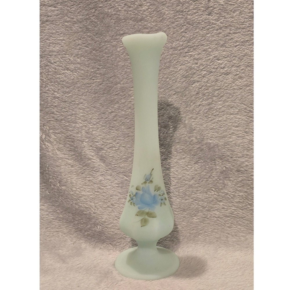 Vintage Fenton Blue Roses on‎ Blue Satin Glass Bud Vase Hand Painted by Nancy R